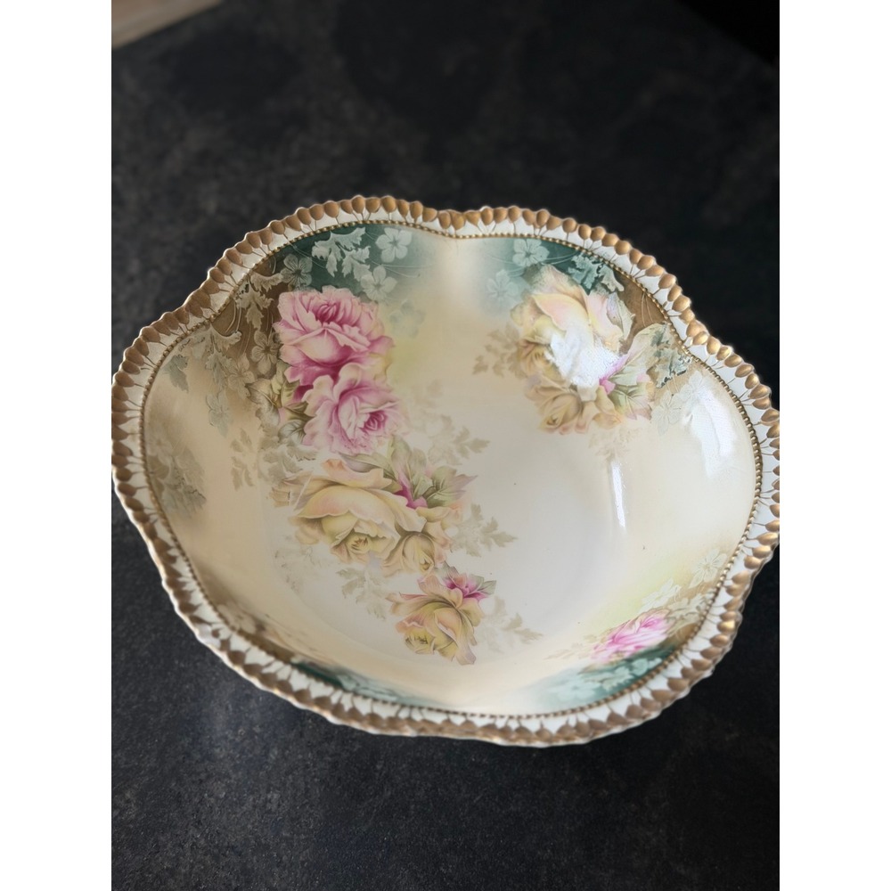 RS Prussia Porcelain Floral Bowl Pink Yellow Roses Gold Beaded Scalloped